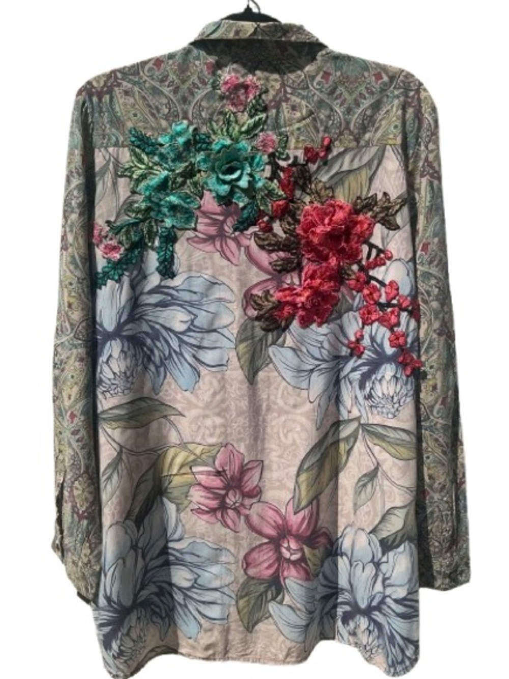 Aratta Silent Journey Paisley Floral Embroidered Button Down Tunic Top Medium